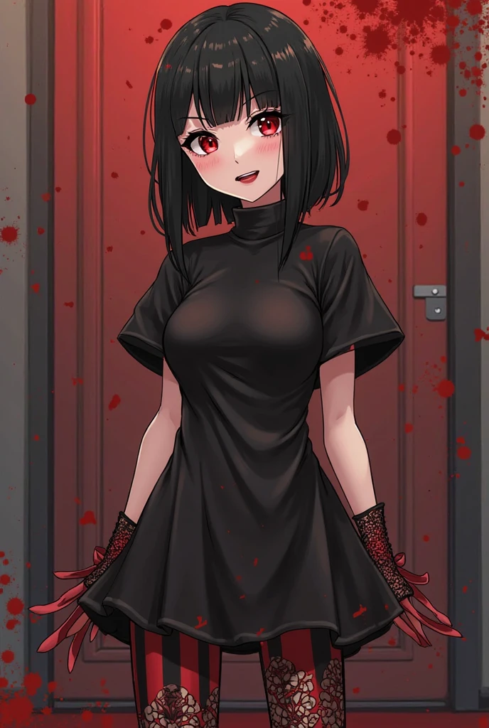 best quality, (masterpiece:1.2), detailed,
shinomiya kaguya,
1girl, solo, closed mouth, light smile,
black hair, red eyes, short hair, folded ponytail, hair ribbon, no sleeve, red ribbon,
standing, looking at the viewer, medium breasts, (((blood, evil, cruel girl, dominant, latex clothes))).