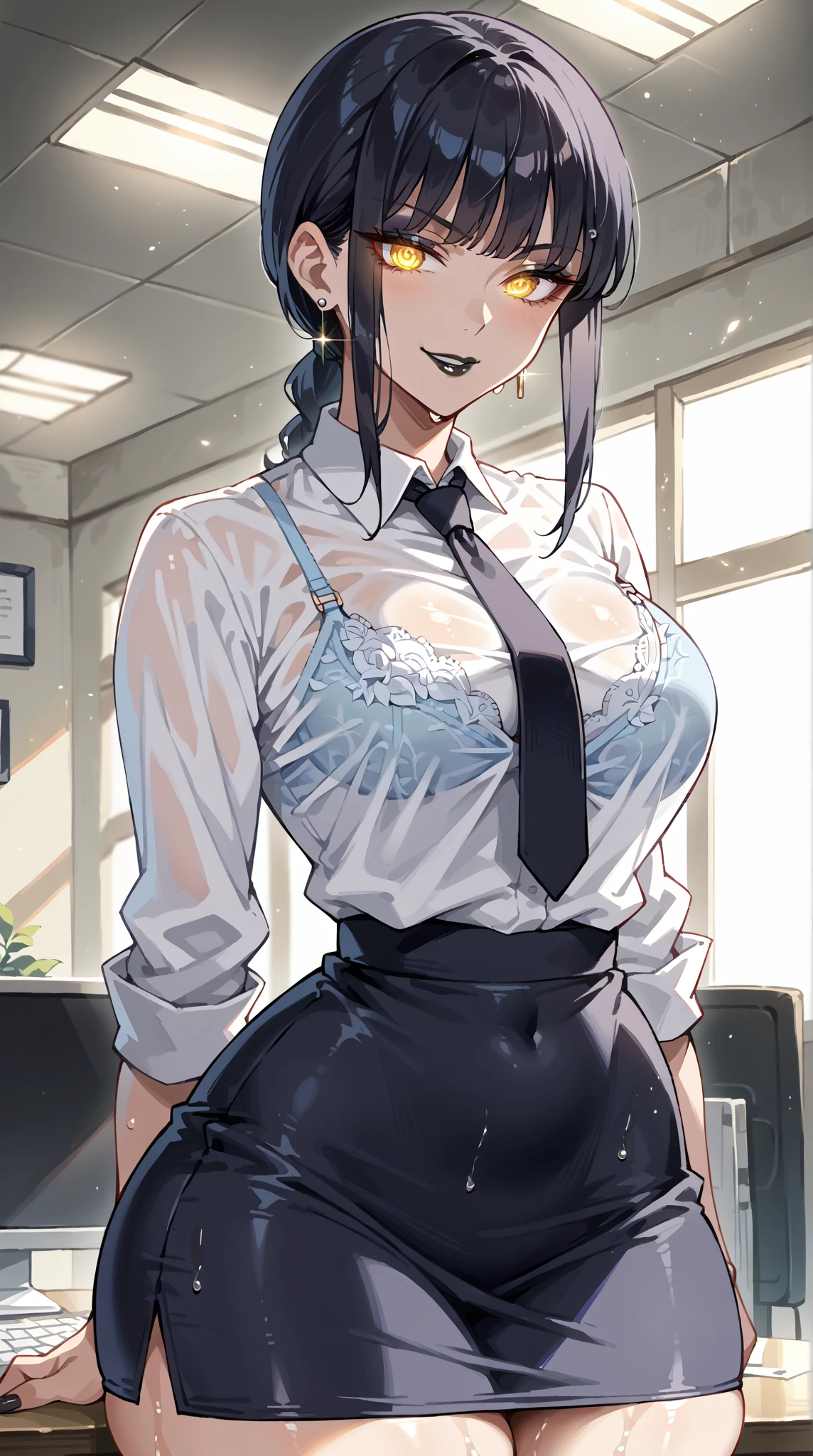 ((masterpiece)), ((best quality)), (ultra-detailed), lovely, ((sexy)), (ero), ((extremely detailed)), 4K, (8K), best quality, (beautiful), 

1Lady, beautiful blue eyes, beautiful black short hair, glasses,

office, desk, Sexy posing,

open-button shirt, tight skirt, stockings,
(White bra), ((White panties, cameltoe)),

buttocks, large breast, sweaty, wet body, navel out, thighs out, slim, slender,  ribon, ashamed, blush, translucent body, Transparent, shiny-glistening, gleaming,