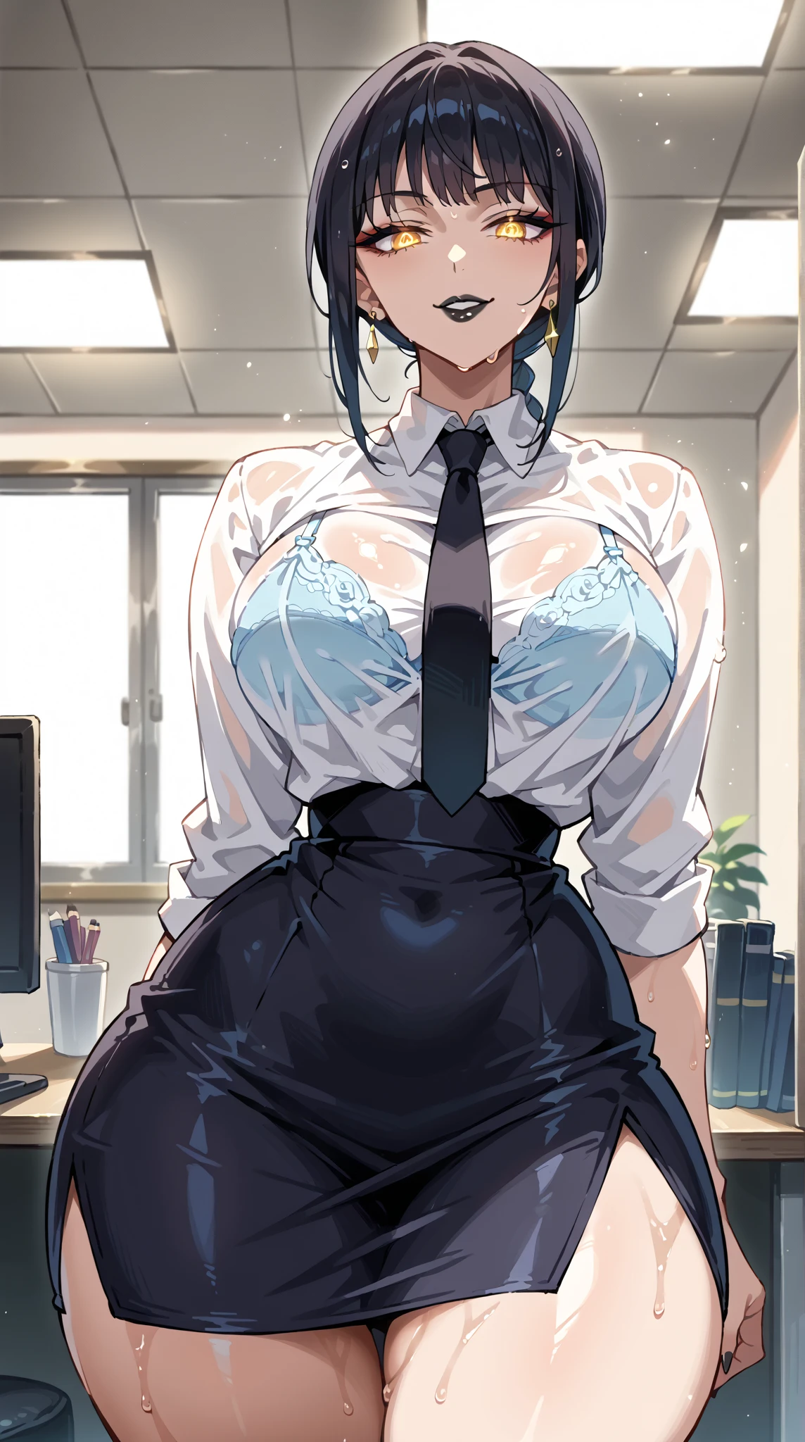 source_anime, rating_explicit, score_9, score_8_up, score_7_up, goth, gothic, black hair, short_hair, looking at viewer, mikasa Ackerman, goth girl, ikuchan, smirk, green eyes, smirk, standing, indoors, portrait, masterpiece, face focus, multicolored_hair, tomboy, huge thighs, tiny waist, wide hips, huge breasts, cow pattern,,cow pattern underwear