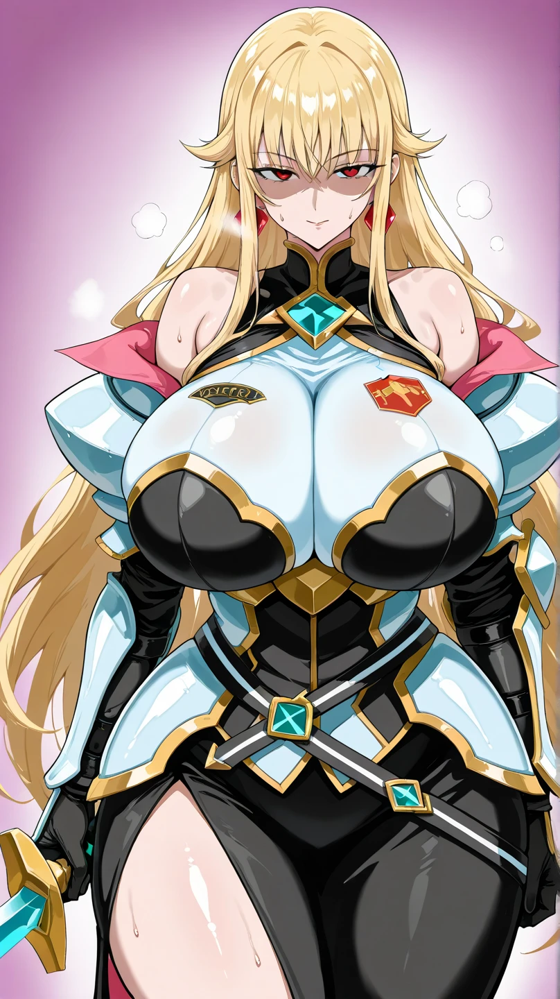 best quality, (masterpiece),(ultra-detailed), (high quality), (high resolution), (2heads:1.5) Gal, blond long hair, brown hair, large breasts, thighs, silver paladin armor, female paladin, fully armored, medieval outfit, pink eyes, blue eyes, sword, armored chest piece, gorgeous female paladin, Guild Clothes with Armor