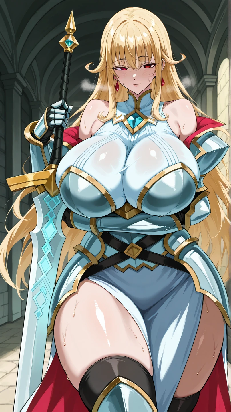 masterpiece, best quality, 1girl, forest, white hair, long hair, golden eyes, cute, blushing, horny, (silver and gold knight armor:1.2), skirt, thigh highs, (curvy, slim waist, big breasts, bursting breasts, wide hips, huge thighs:1.1)