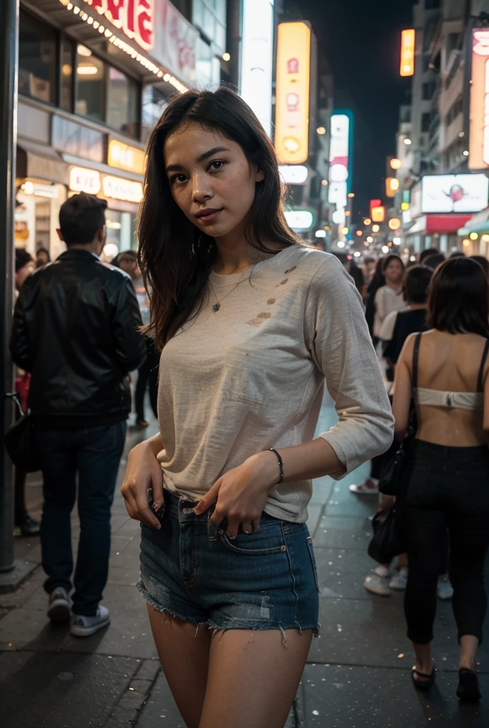 Female supermodel. Gray t-shirt and jeans. Dim, soft lighting. Sunset. Sugamo Jizodori Shopping Street, Tokyo, Japan. Sunset.