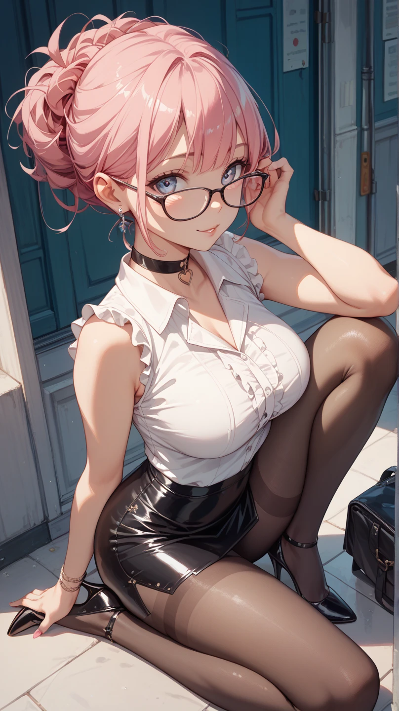 Gamer Girls babes eye glasses Pink hair a smile big tit Long Beautie 最好质量 巨作 ultra-high-resolution