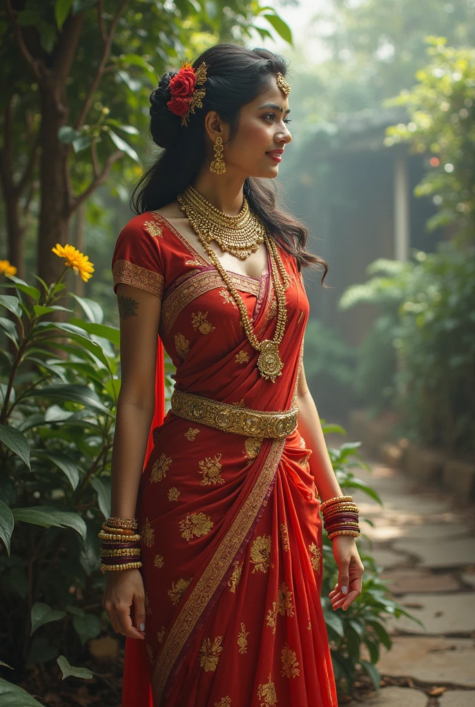 Indian chubby curvy female aged 30 fair skintone wearing mohiniyattam dance costume in kerala traditional home. Realistic image. Dance pose