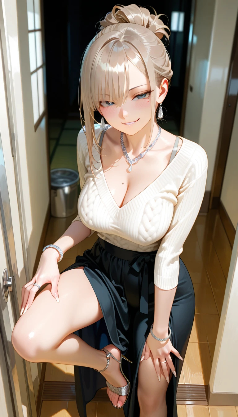 8K quality、High resolution、、Small and young breasts、Open the mouth to reveal a realistic tongue、Beautiful cleavage、Gray Hair、Thin legs、、Full Body Shot、Moist lips、Sitting at a desk looking at documents