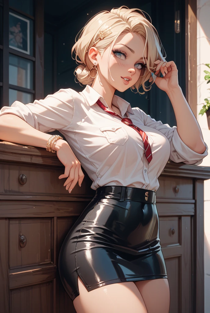 Tia is shown to have a fairly slender figure. She has blonde hair , she has short hair and large pale green eyes, Best quality, highly detailed, high resolution raw image, ultra sharp, sharp mullet focus, girl inside a school, classroom, off shoulder sitting on a chair with a book in front of her writing, cleavage exposed, cowboy shot, high 
   sultry look, seductive,
