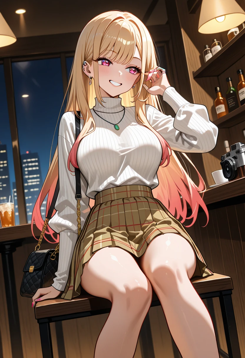 beautiful feceasterpiece、top quality、超High resolution、realistic、perfect lighting、very detailed face、1 girl in、Ashley、Ashley Грэм、The abode of evil、20 years、Beautiful face、ideal face shape、perfect body、mature woman、((large full breasts))、extremely detailed eyes and face、Dazzling eyes、blondes、 fluffy bob, bare shoulders, Sleeveless Suber, plaid, tortoiseshell neck, plaid skirts, green skirt, Ribbed Suber, sleeveless turtleneck, Orange shirt, Sleeveless Suber, orange Suber、((black tights))、((Short skirt))、good hips and long legs、Heavy wooden barrel of absinthe、Look at the audience、Sit on a wooden round barrel stool, legs crossed.、night、lamp light,Armpits,Sub,Suby,Suby Armpits,hands up,showing Armpits,awesome Armpits,cloth,blackish red leg warmers