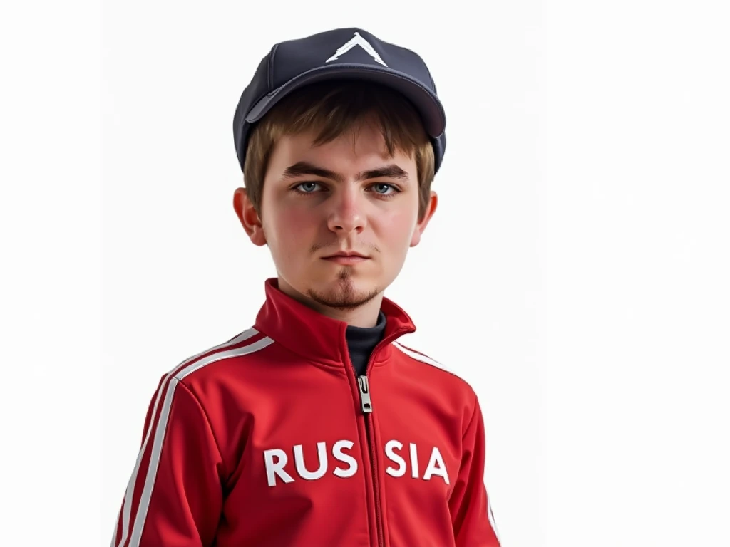 Take me a picture of a 1 boy with a black jacket on his chest, the Russian flag with its colors and the coat of arms 