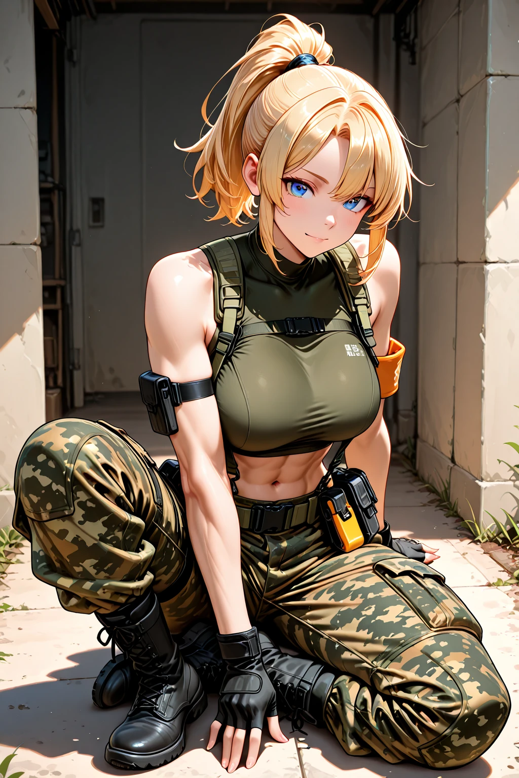 Young girl, short blonde hair, blue eyes, soldier's camouflage uniform, sleeveless, open belly, gun, serious look, masterpiece, high quality