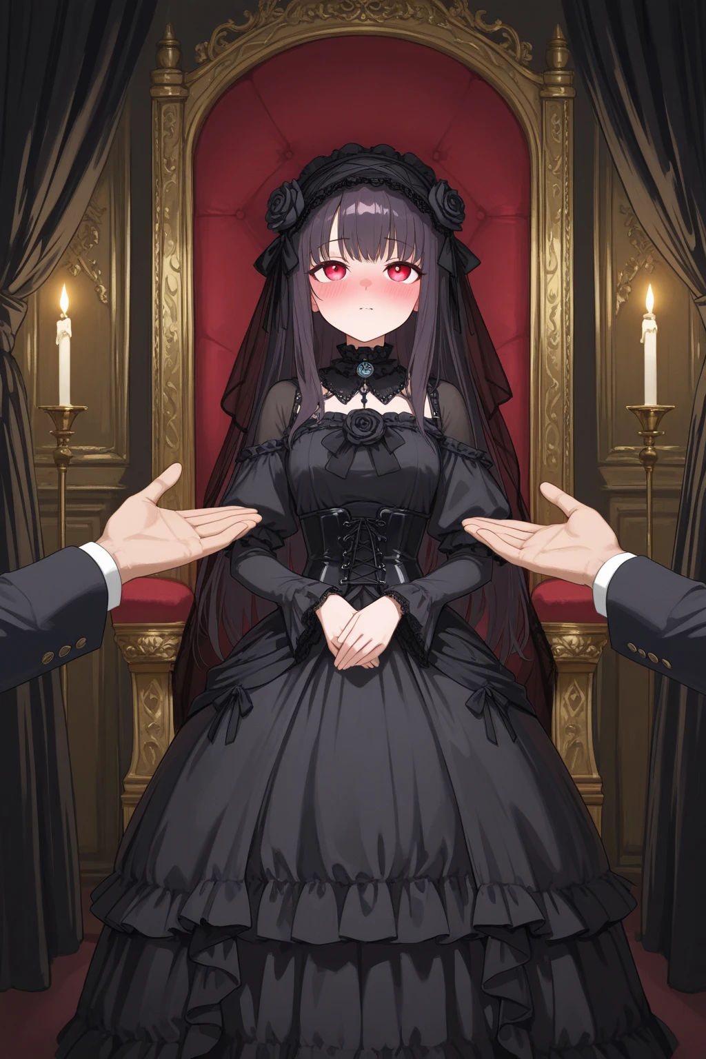 ((Highest quality)), ((masterpiece)), (detailed), (Perfect Face)、The woman is an Extia with medium-long brown hair, wearing a gorgeous black wedding dress with gold embroidery and trim, a black wedding veil, and an engagement ring.、The woman is happily getting married in a posh church belonging to an evil organization.