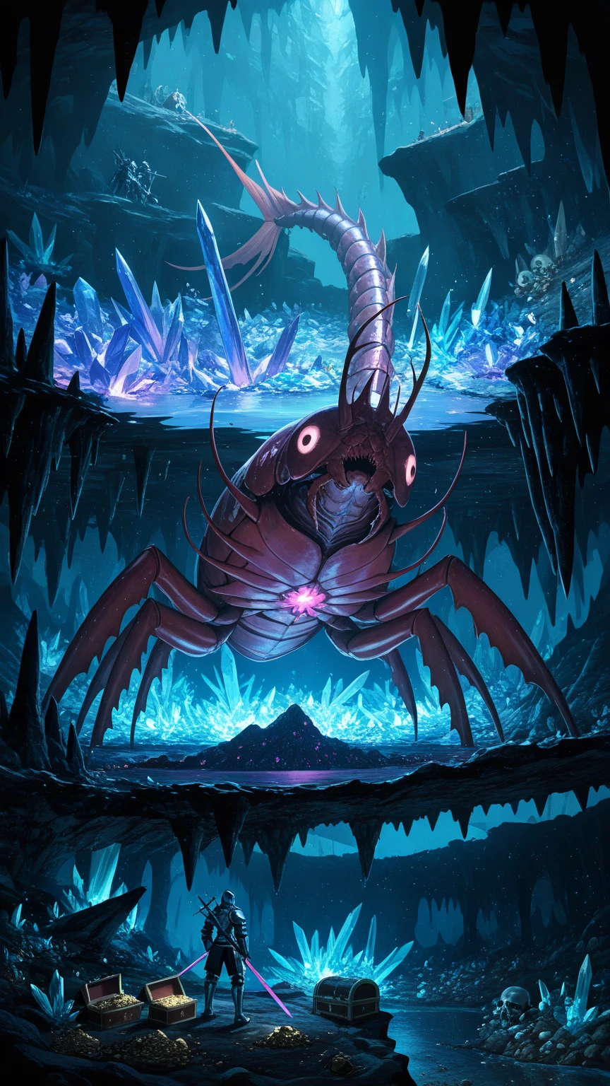 masterpiece,best quality,Extremely detailed,Huge sea monster,A variety of marine life features,Some mouths with multiple jaws,Sea snake-like body,Crocodile head,Multiple pupil-less eyes emitting blue light,Two huge claws,The fingers are connected by webs,There is a huge sail on the back,There are tentacles on both sides,In the middle of the storm    