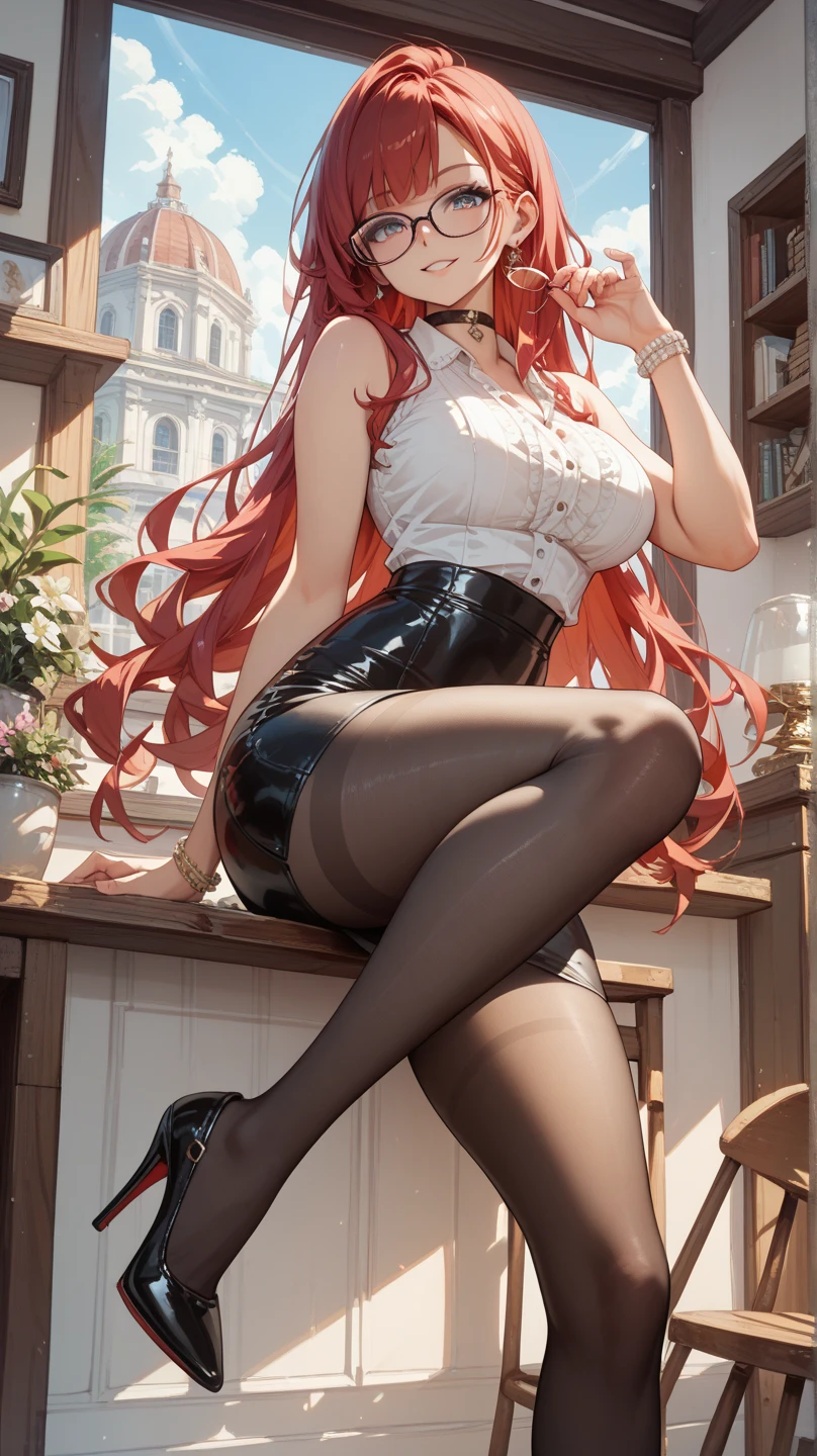 16K, Ultra High Definition, Super detailed, Shiny detailed hair, detailed face, fantasy landscape, solo, looking at viewer, {{best quality}}, {{masterpiece}}, {{ultra-detailed}}, {detailed light}, ultra high quality eyes, detailed eyes, perfect eyes, large eyes, detailed purple eyes, beautiful lips, red hair, long hair, long horse tail, hair ornament, elf ears, earrings, beautiful, skinny body, white skin, slutty, erotic, suggestive, ((nsfw))