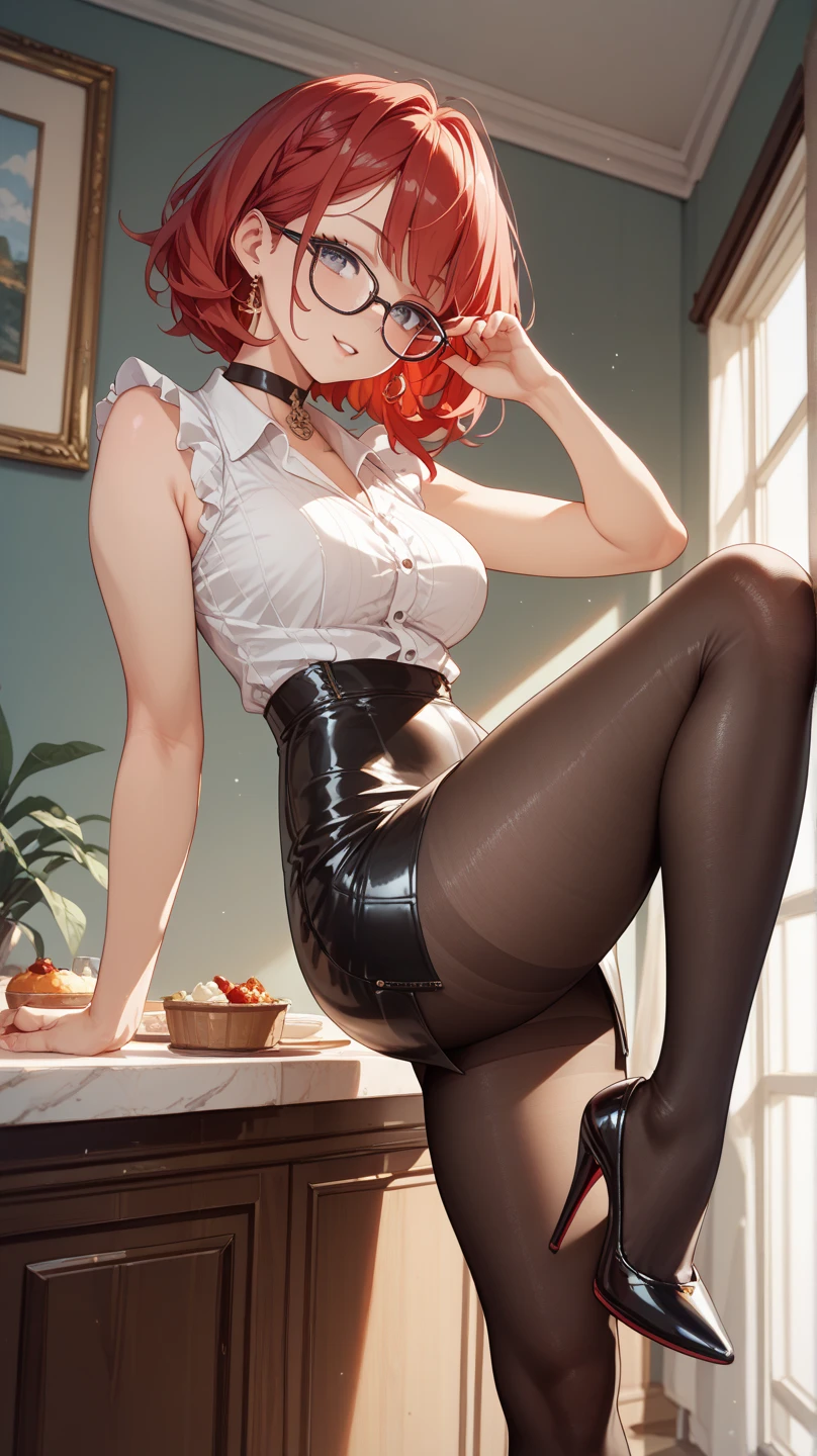 ((Comic of a clown girl trying to ((hide her sagging breasts)), (black comic borders) clown leotard, sitting at a table, in heat, , ((breasts resting on table), carnival background, hot and sweaty, wide and surprised eyes, button gaps,, curly red hair,, (),