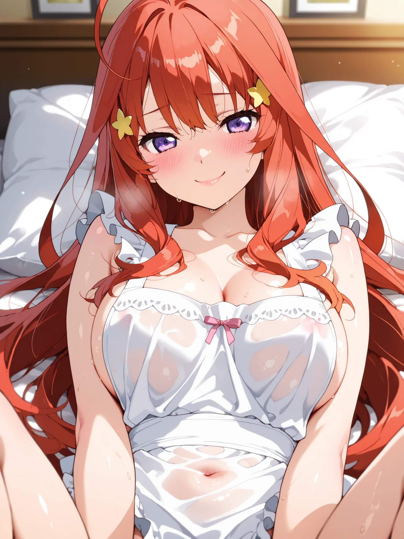 (((masterpiece), (extremely detailed), Beautiful female magician with the face of Asuka Langley, voluptuous female body and feminine beauty, Light blue eyes, blue eyes, perfect face, she has a serious expression, she has a determined, long red hair, crimson red hair, long red hair, body of a goddess, appearance of a goddess, medium breasts, well defined breasts, well rounded breasts, voluptuous breasts, breasts with exposed nipples, young adult, shapely female body, divine beauty, long legs, slender female body, visible feet, realistic proportions, lying on a bed, naked, wearing sexy underwear, wearing translucent thongs, exposed breasts, exposed nipples, sleeping sensually, lying on the bed , surrounded by silk fabrics with different colors, great amount of detail, transparent fabrics, embroidered fabrics, fine fabrics, fine sheets, luxurious wooden bed, great amount of details, bed on a fur rug, anime style, fantasy art style , Fantasy art, Illustration, Top point of view, overhead point of view, view from above, medieval fantasy setting, interior candle lighting, soft lighting, Night time, Night, Bedtime
