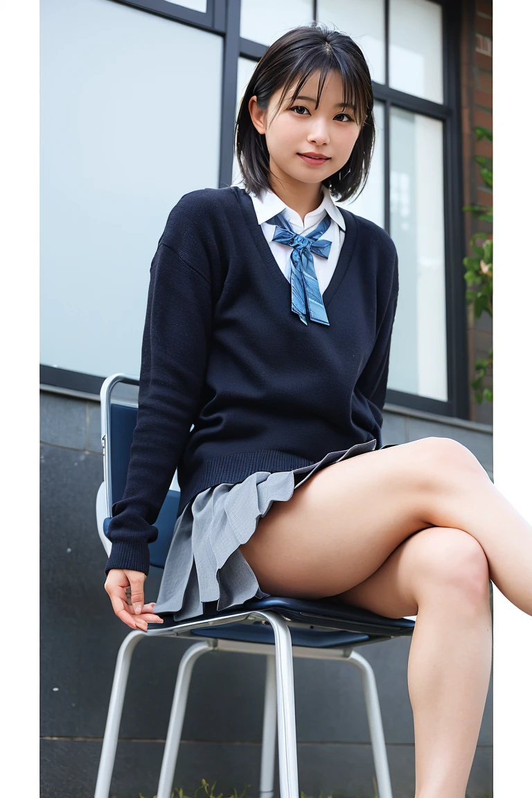 (8K、RAW Photos、Highest quality、masterpiece:1.2)、(Realistic、Photorealistic)、1 Girl、((Check mini skirt、Loafer Uniform、Navy blue cardigan、Big Breasts、Elementary school classroom、I sat on a chair、Viewed from the front、Spread your legs、White silk panties))、Lots of eyelashes、Add shine to your eyelids、skeletally correct、Show off your panties、Open your legs to the side、Panty Shot、sexy、((Panties close up:1.2))、Skirt Lift、Lift up the skirt、Japanese elementary school uniforms、Young、Baby Face、