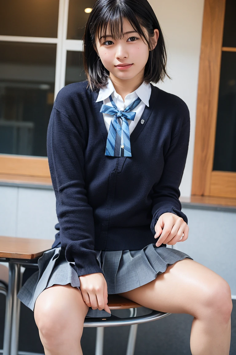 ((highest quality、8k、masterpiece:1.3)),((((fullbody shot)))),Ultra-high resolution,big eyes,Japanese,bangs,(a girl),(1 girl),((20 years old)),((facing at viewer)),(long hair),(((black sailor uniform))),grin,((sitting on chair)),(pleated mini skirt),(((pussy))),((skirt lift))