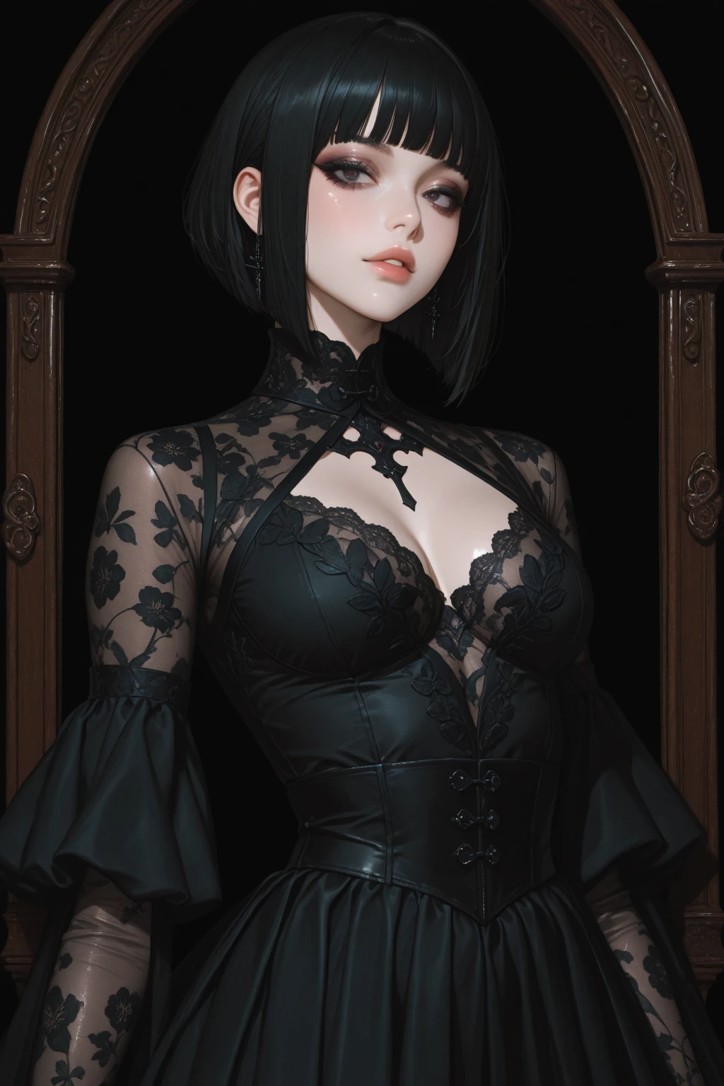 (high quality: 1.3), Cinematic shots, masterpiece, (Sharp focus: 1.5), (Realistic: 1.3), Medium portrait ((Big Breasts)) (Beautiful young vampire woman, Pale skin, Gothic, Still proud、Brave, Straight black short bob hair, Dark look, Detailed lace design、Wearing a very finely crafted dark tunic, Dark atmosphere, Sculpting shapes with sharp chiaroscuro), It's night, (Highly detailed skin), (Detailed face), Detailed Background, Dim lighting, dusk lighting, Volumetric lighting, Intricate details, Ultra-high resolution,Very beautiful woman、Slender women、(Detailed face)、Realistic Skin、((Delicate photo)),(Girl Masterpiece RAW Photo Details:1.25), (最high quality:1.6), (Ultra-high resolution:1.5), (Realistic:1.75),8k resolution, ,50mm,Absurd, Ultra-detailed,Cinema Lighting、