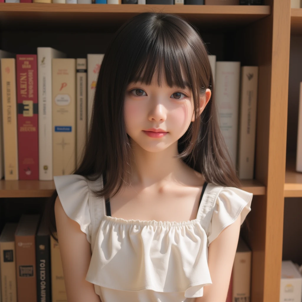 Highest quality,8k,High definition,12 years old,Beauty like an actress,student,With bangs,Long Hair,,Narrow eyes,White blouse,navel,Grey mini skirt,Skirt Lift