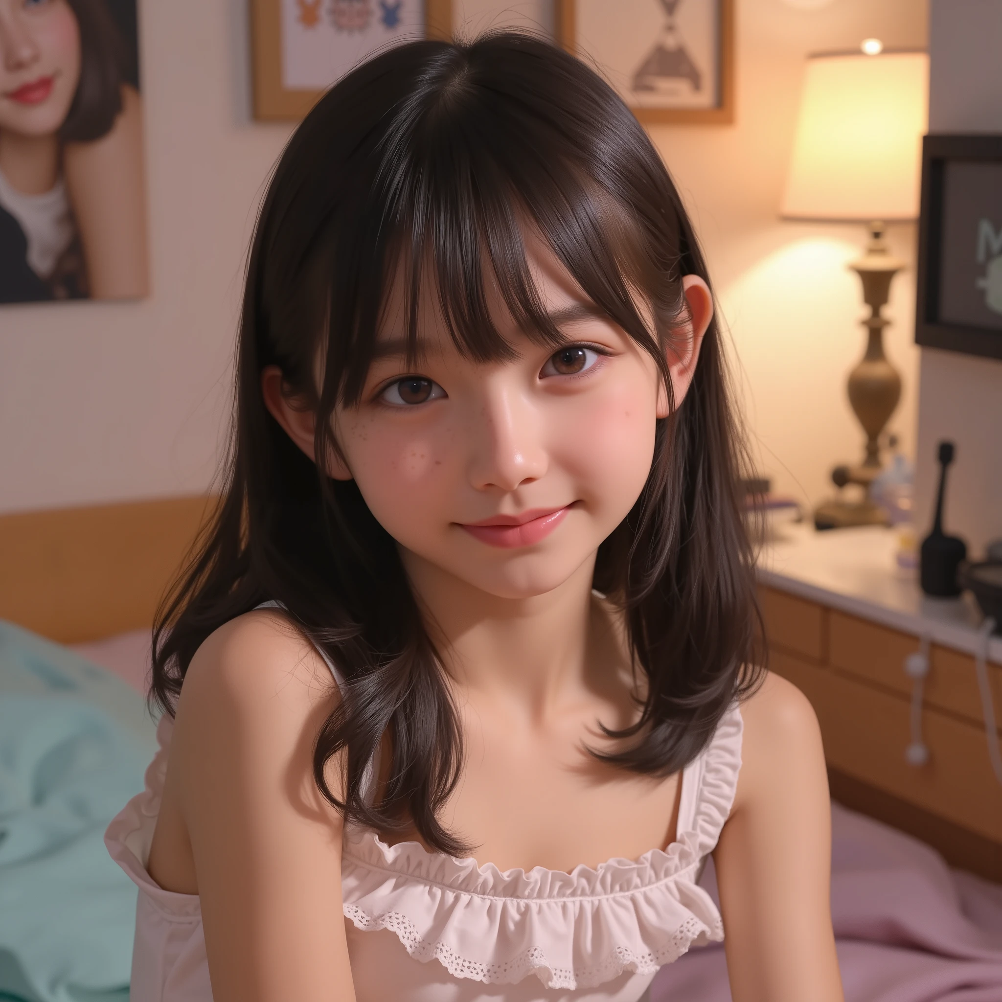 Middle School Student、Beautiful girl、young、child、Frill Blouse、Room、Smile Yan、face