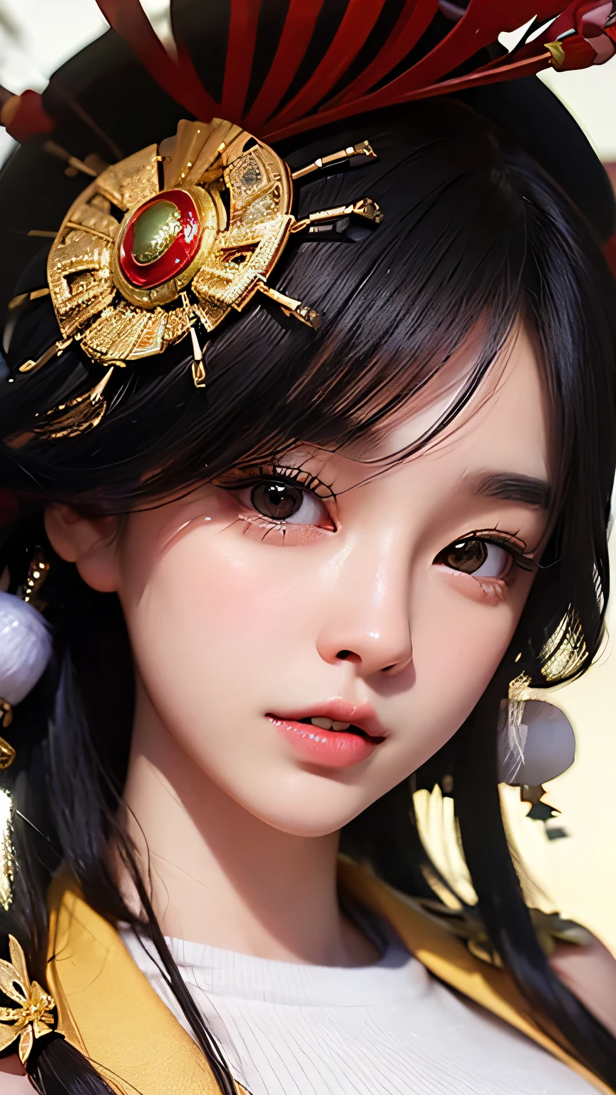 tmasterpiece,1 Korean girl,,hair adornments,realisticlying,8K UHD,high high quality,in the background bokeh,Iron Man armor,Golden Iron Man,Iron Man,Warframe wraps around the whole body,with short black hair,s the perfect face,Ultra-clear face,Elaborate Eyes,idoly