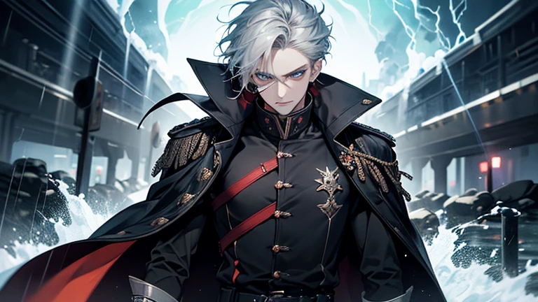 (Highest quality,Very detailed,High resolution:1.2),One Man,Silver Hair,The most beautiful young man in human history,(1 photo from the front)、Dark blue eyes (Dark blue eyes:1.1),さみし気なaura(aura:1.1),(mysterious,Ghostly:1.1) atmosphere,Looks like half a demon,(Demonic traits,Demonic traits),(Elaborate,wonderful) ,Strong body、manly、Muscles of Steel、Powerful、Wizard、auraが漂う、Confident expression、Cape、Are standing、flash、Very Short Hair