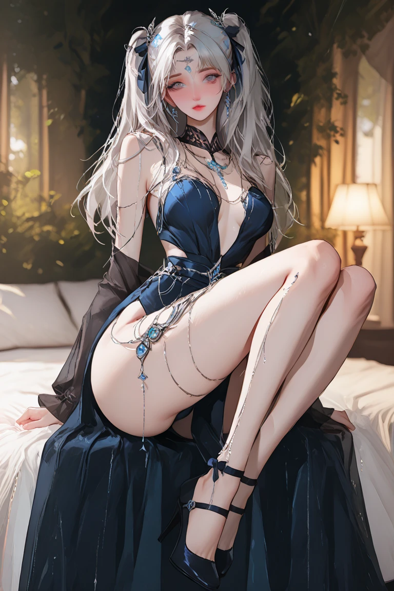 (Enrich the picture,Masterpiece level quality)Beautiful 8K CG artwork,morgan le fay (fate), blue eyes, Long Hair, pony tail,Very long hair, big boob, black bow, looking at viewer, gown, Hair Bow, thights, thights, black dress, Bangs, side locks, French braid, grey hair,Goddess-like posture,Kneeling exercise,Slim and soft,Translucent skin,big breasts,(((solo))),lying on your back,leg extension,m legs,Look at the viewer,expression to the top,on bed,