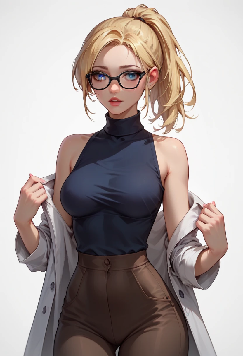 ((masterpiece, best quality)), ((anime girl in the hospital, retro style)) (1girl, mature), (solo, upper body, half body), (female focus, mature girl), (blonde hair, ponytail hair),blue eyes, glasses, detailed eyes, ((black tight bodysuit, latex, curvy, exposed shoulder, clothed breasts, turtle neck, huge breasts, collarbone, sideboob)), portraits, dramatic lighting, medieval atmosphere