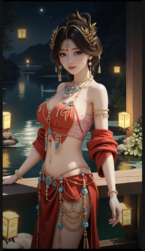 Sexy woman, beautiful "goddess", beautiful face, seductively gazing and smiling, perfect body, bare shoulders, medium chest, cleavage