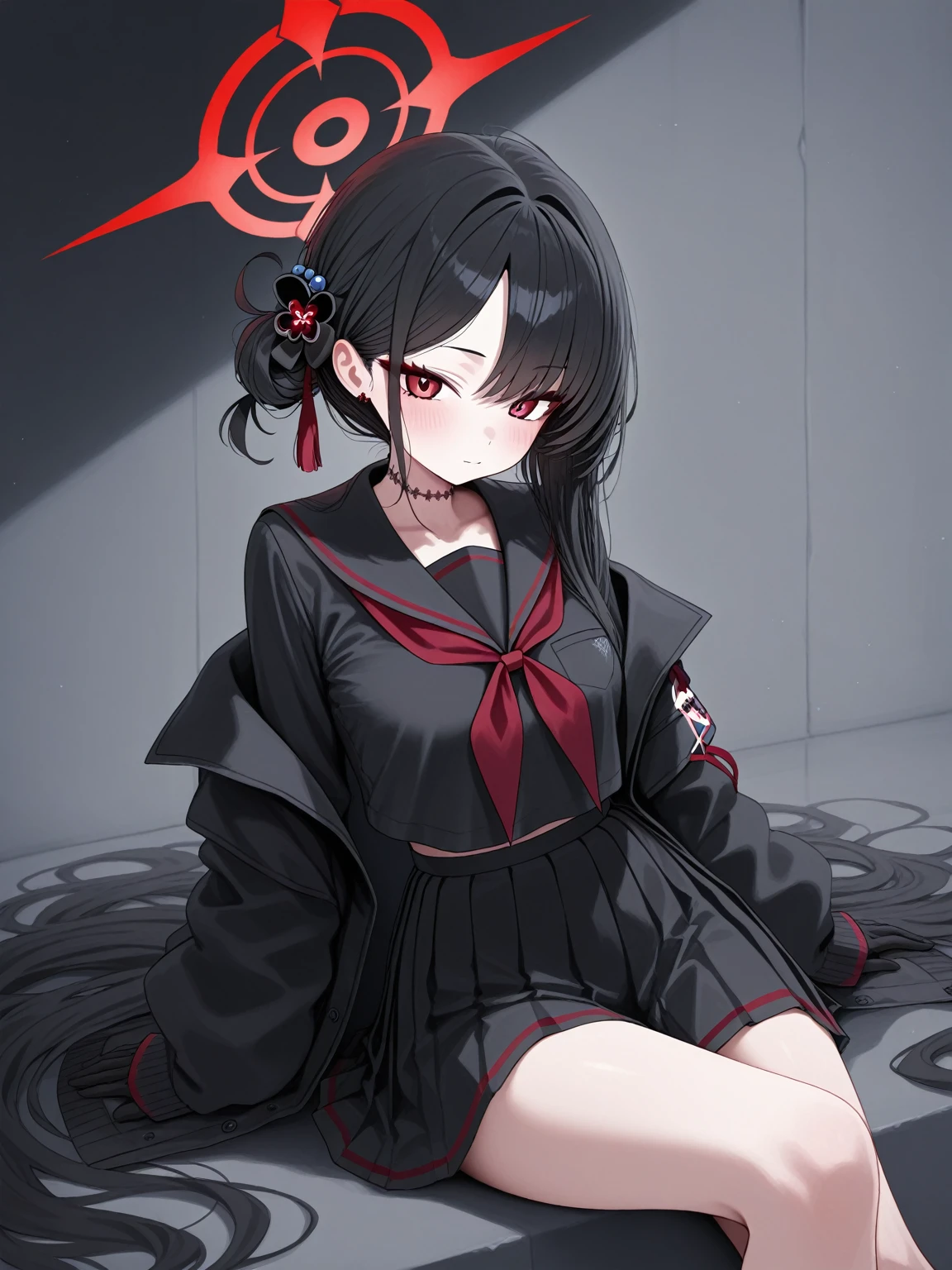 Expressionless,,(Dark Fantasy),((Wonderful Illustration)),(Detail Splash), long black hair, red pupils, girl, pure black dress, only the collar, cuffs and skirt are dark red, ears Pinned to the side is a red butterfly barrette, masterpiece, best quality, high quality, headpiece,, red and black crystal necklace, black knee socks