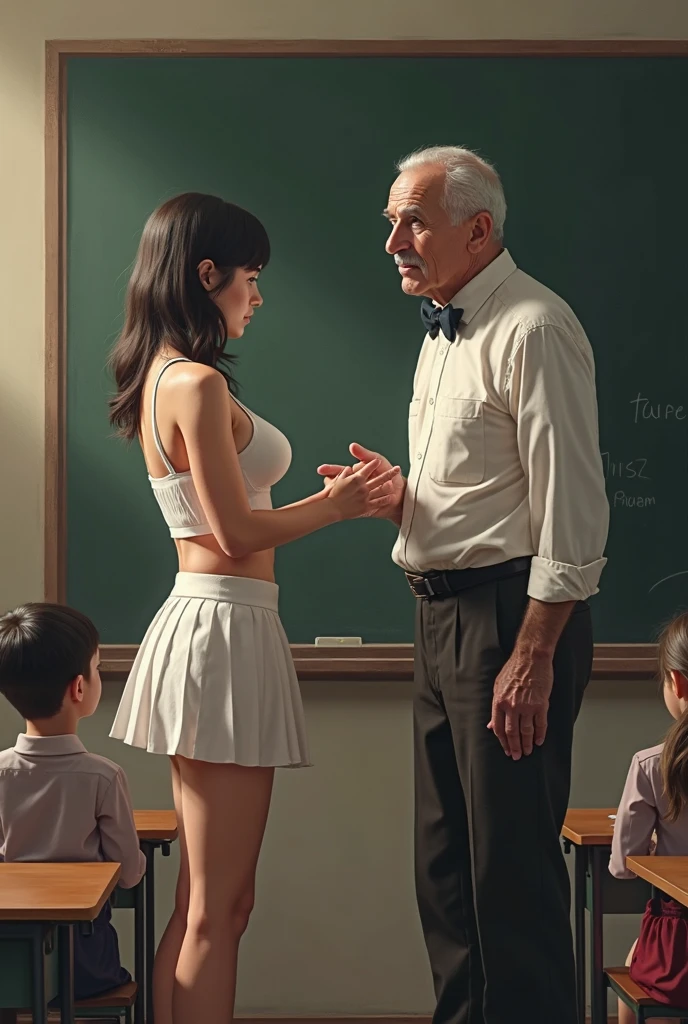 (masterpiece), best quality, ((old man in blue suit and black suit and holds naked teen girl)) and (((nude naked nude naked young teen girl who holds a teddy bear and has a smile))) and has very short brown hair and has medium breast and nipple and vagina and earring and necklace and wristwatch , blackboard, abc chart, classroom, classroom, class room,