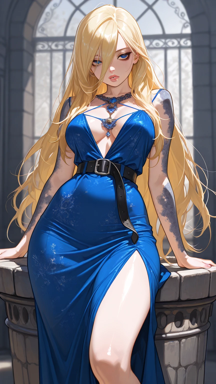 ((Best quality)), ((Masterpiece)), (detailed), perfect face perfect figure, Middle Ages, palace background, 26 year old, Scandinavian woman, Princess, Golden hair, bun-like hairstyle, bright blue eyes, pale skin, large breasts, tight blue dress, cleavage, diamond tiara,
