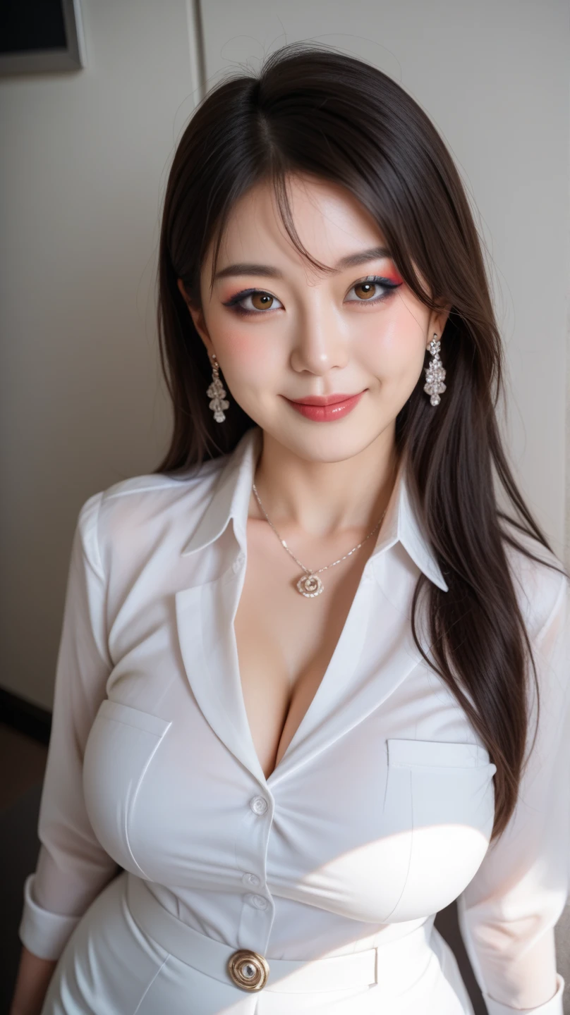 A photo of a charming plus-sized Korean chambermaid with a subtle allure as she goes about her duties. She is wearing a She is wearing a white flowing, deep-neck linen blouse and a necklace. Her blonde hair is styled in loose waves, and her eyes sparkle with a hint of mischief. The background is a dimly lit room. Tight shorts and stockings.
