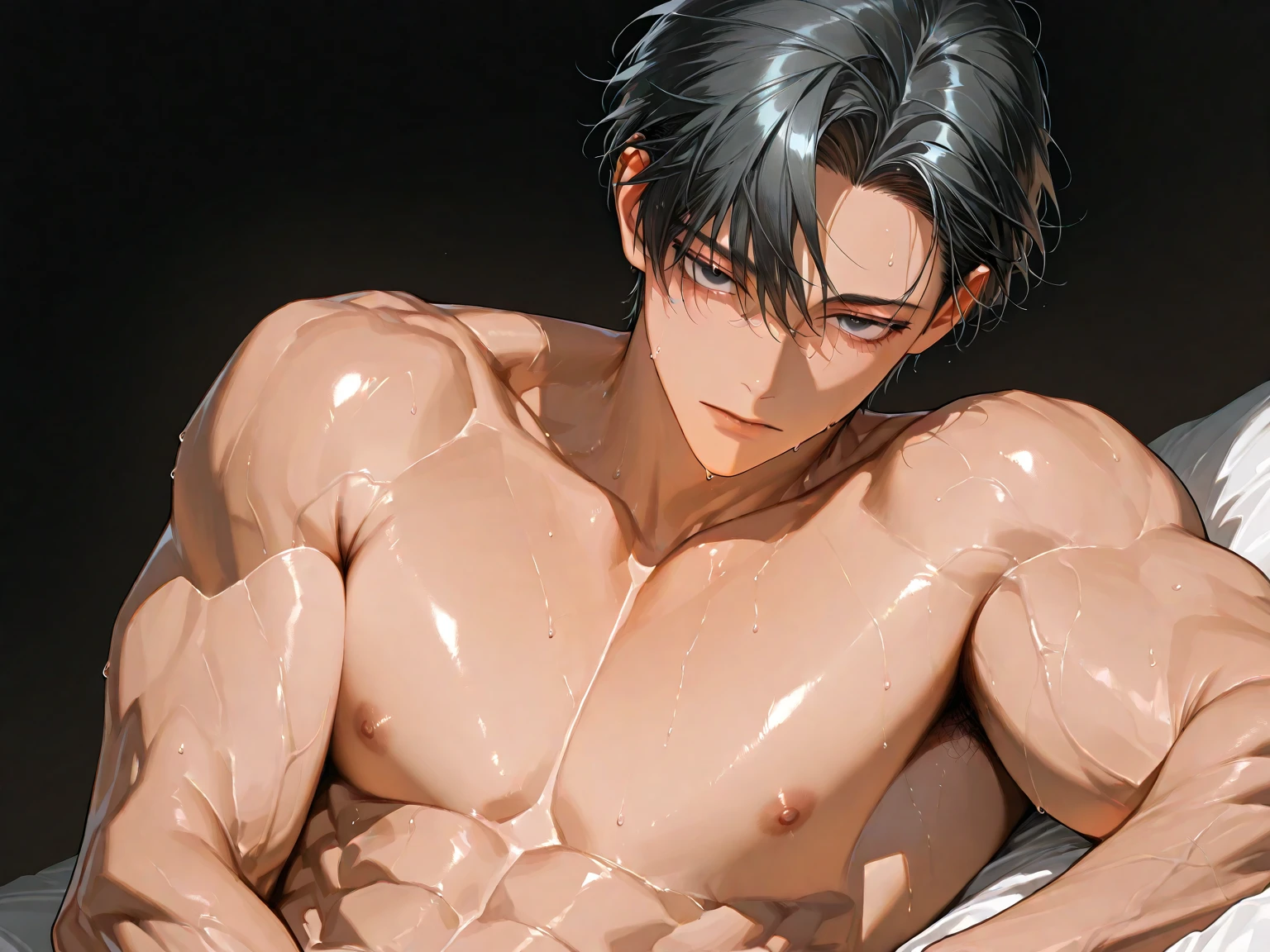 (masterpiece,best quality,8k,ultra-detailed:1.5),ultra realistic,solo standing male,muscular,handsome,(((perfect face,perfect eyes))),(topless),anime style,illustration,(''underwear,big bulge''),realistic shade,sharp,detailed beautiful face and eyes,perfect body beauty,(dynamic pose),shiny skin