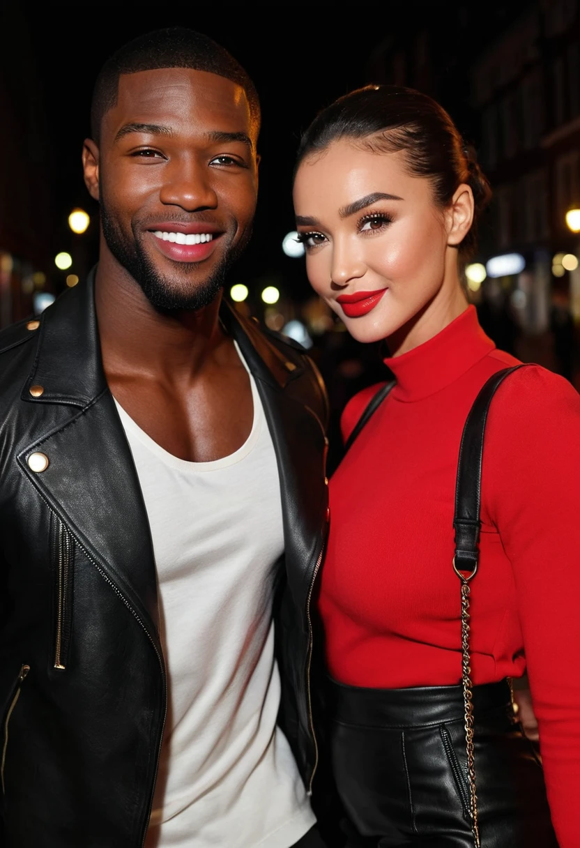Charli XCX and a handsome African American male whose facial features are a combo of Broderick Hunter + Ray J + ??? Cudi enjoy an evening stroll. Both are smiling. Both are dressed attractively for a night on the town. Charli XCX has lovely makeup on her face. Charli XCX wears red lipstick. Nighttime. Romantic ambiance. Symmetrical eyes. Symmetrical faces. Lovely details. Photorealistic. Full-colored photo. Professional photo. Highly detailed 8K.