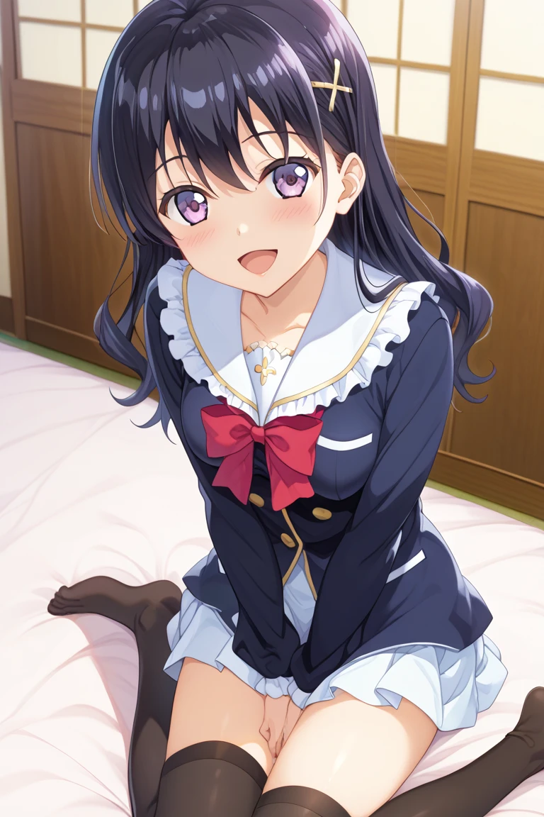 anime girl in a purple bra top sitting on a bed, an anime drawing by Jin Homura, pixiv, shin hanga, seductive anime girl, attractive anime girl, smooth anime cg art, anime best girl, cute anime girl, anime moe artstyle, anime visual of a cute girl, oppai, beautiful alluring anime teen, pretty anime girl, (Raw photography:1.2)、(Photorealsitic:1.4)、(​masterpiece:1.3)、(top-quality:1.4)、超A high resolution、(A detailed eye)、(detailed facial features)、(detailed clothes features)、nffsw、8K分辨率、solofocus、bangss、skin tightening、(shinny skin)、(Slender girl)
(Extreme Detail)、dim room、Ruins、akebi komiti
Virtual Girl - Aim、Medium-breasted wavy hair、Shorthair、A dark-haired、Black eye、
1girl in, 
Crystal Pendant、String Panty Brapua、
Tie with a rope、embarrassed from、cute little、I'm about to cry、hang、Adult Models、raise one leg high、hang、Smaller chest、big butts、
