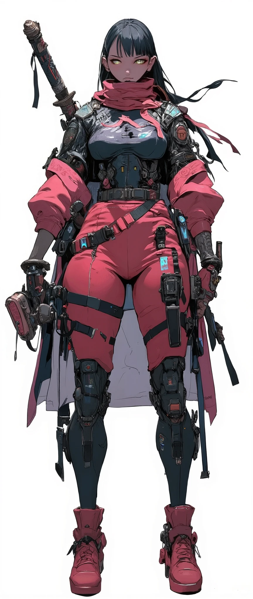 Masterpiece, most recent, very aesthetic. A beautiful adult woman in her 30s, with a curvaceous body, long legs in the style of Bayonetta, oriental mestizo, white skin, intense golden eyes, long black hair, two long side locks framing her face. She wears a dark cyberpunk samurai outfit made of layered leather and carbon fiber armor, with a [[black and dark red]] color scheme.

She wears a traditional conical straw kasa hat in the samurai X style; Her chest armor resembles the armor of an ancient samurai, but with neon blue light lines on the edges. A tattered red scarf flutters in the wind behind her. At her side, a high-tech katana with a shiny blade, in a holster with magnetic locks. She wears belts with small throwing blades and futuristic accessories on her hips and legs.

Combat boots with reinforced toe caps and armored shin guards.

rendered 90s anime style, anime similar to the anime "Vampire Hunter D Bloodlust" 90s anime, 3 color tones, flat cel-shading, anatomically correct, high contrast, front view [[[SHE IS FRONT]]], [[FULL BODY]], [[Image showing her full body from head to toe]], masterpiece illustration, high resolution, front and side view in the same image, [[white background]], character concept presentation.