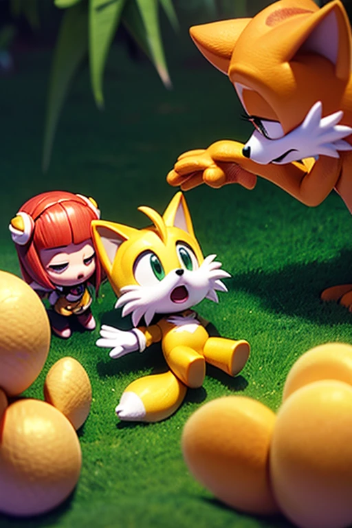 Tails y Sonic besandose mientras Amy los mira sorprendida