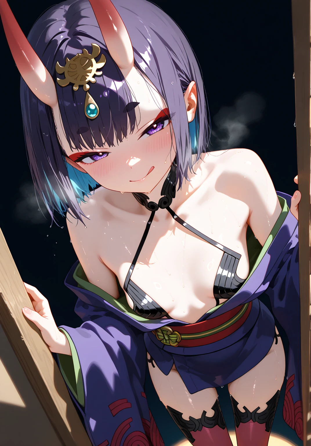 Shinobu Kochou, a woman in a black dress standing in front of a painting, facing sideways, a character portrait, a purple and black dress, kimetsu no yaiba, elegant victorian , close up of anime girl, grinning evily, evil face, sleepy eyes, main character, luxury house, luxury, purplish black hair, wolfcut hairstyle,purple and white butterfly headband behind hair, mafia, , sleepy eyes,(show off nipples:1.6), (exposing bare breasts:1.3), (exposed chest:1.3), (no bra:1.3),(open shirt:1.2),(round face:1.6),(baby face:1.6),(small nipples:1.6),(small areolas:1.6),(belly button:1.6),(white butterfly wing pattern haori ),(loli:1.6),butterflies,