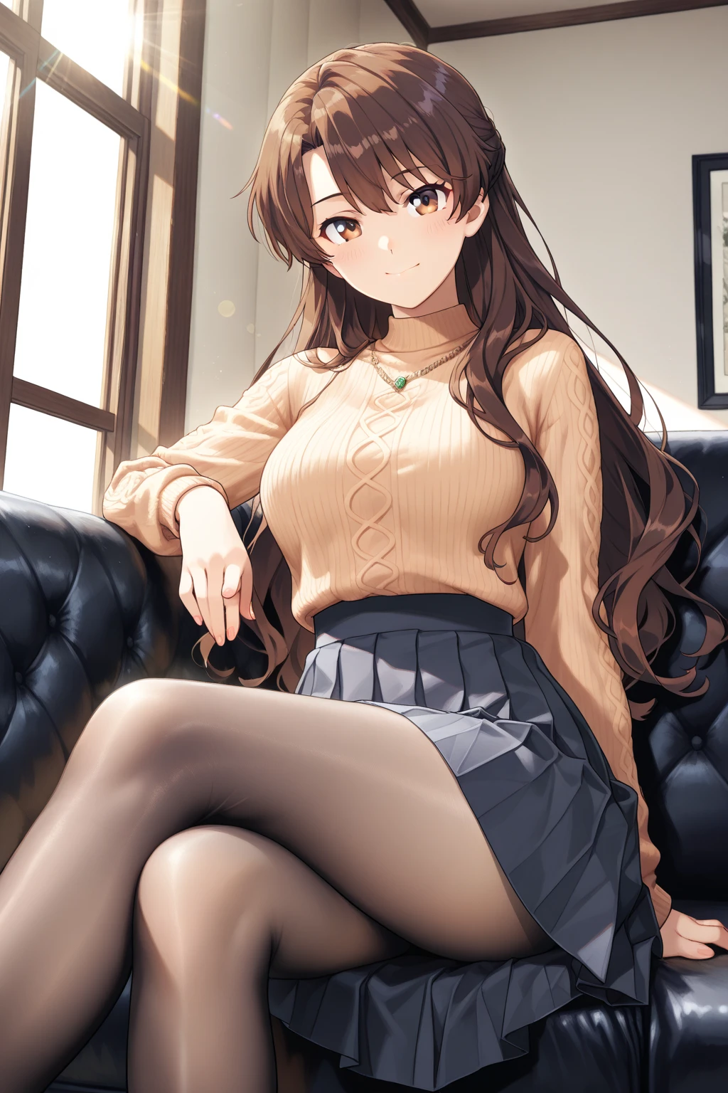 (table top, highest quality, High resolution, , perfect pixel, 4k,), 1 girl, single, alone, Beautiful woman、I could see the whole body、 ((Wavy mid-hair, bangs, brown hair)), ((brown eyes, beautiful eyelashes, realistic eyes)), ((detailed face, blush:1.2)), ((smooth texture:0.75, realistic texture:0.65, realistic:1.1, Anime CG style)), medium breasts, dynamic angle, perfect body, ((, female teacher, , earrings、necklace、turtleneck sweater、beige flared skirt、black knee high stockings、open both legs wide、、shy smile、Sit on the floor、leaning forward)), Upper grade、、、evening、、(pink lace panties are visible、、(Bring your chest and arms together、Lift up your skirt and show your panties、The wind blows up my skirt)、angle from below)、