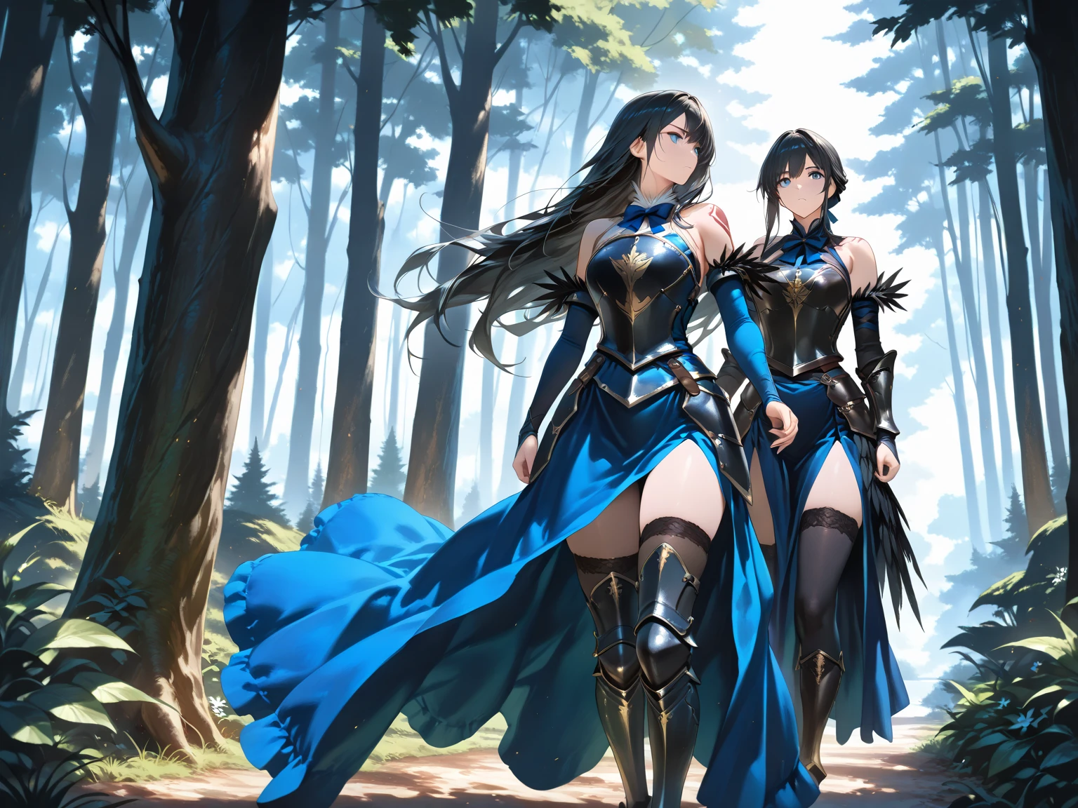 アニメ , an 18 year old princess, pretty, {face perfect}, {Bblack hair}, {blue colored eyes}, {asymmetrical eyes}, {perfect nose}, {red lips}, {full body 5.0}, {{{wearing silver red armor, detailed}}}, {walking, in a forest} 

{8k image}, {128k ultra resolution}, {ultra quality 128k}, {128k high quality sharpness}
