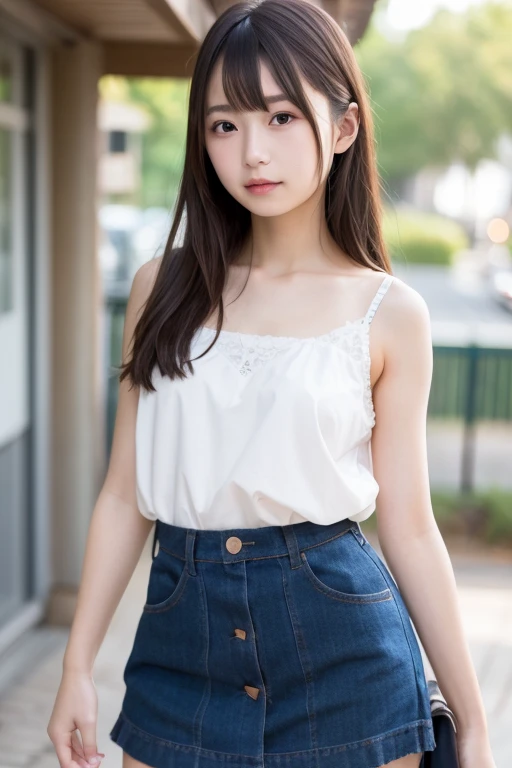 (skin blemish:1.2), (skindentation), black eye, 1woman, 25yo, (((woman))), solo, realistic, best quality, photorealistic, masterpiece, 8k, high res, solo, extremely detailed face, (professional lighting, bokeh), (light particles, lens flare, glowing particles:0.6), (dynamic pose:1.2), soft lighting, top angle view, fashionable and trendy atmosphere, japan, street, tokyo, city, ((daytime)), sky, ((looking at the viewer:1)), (looking at the camera),(portrait:0.6), cowboy shot, gorgeous, standing, keep original facial proportion, wide shoulder, full body, (small breast), (medium hair), brown hair, floating hair, lips, lipstick, seductive smile, floating hair, smile, open_mouth, teeth, (sleeves less white blouse), (jumper skirt), eyelashes, mole, (mole under eye:1),