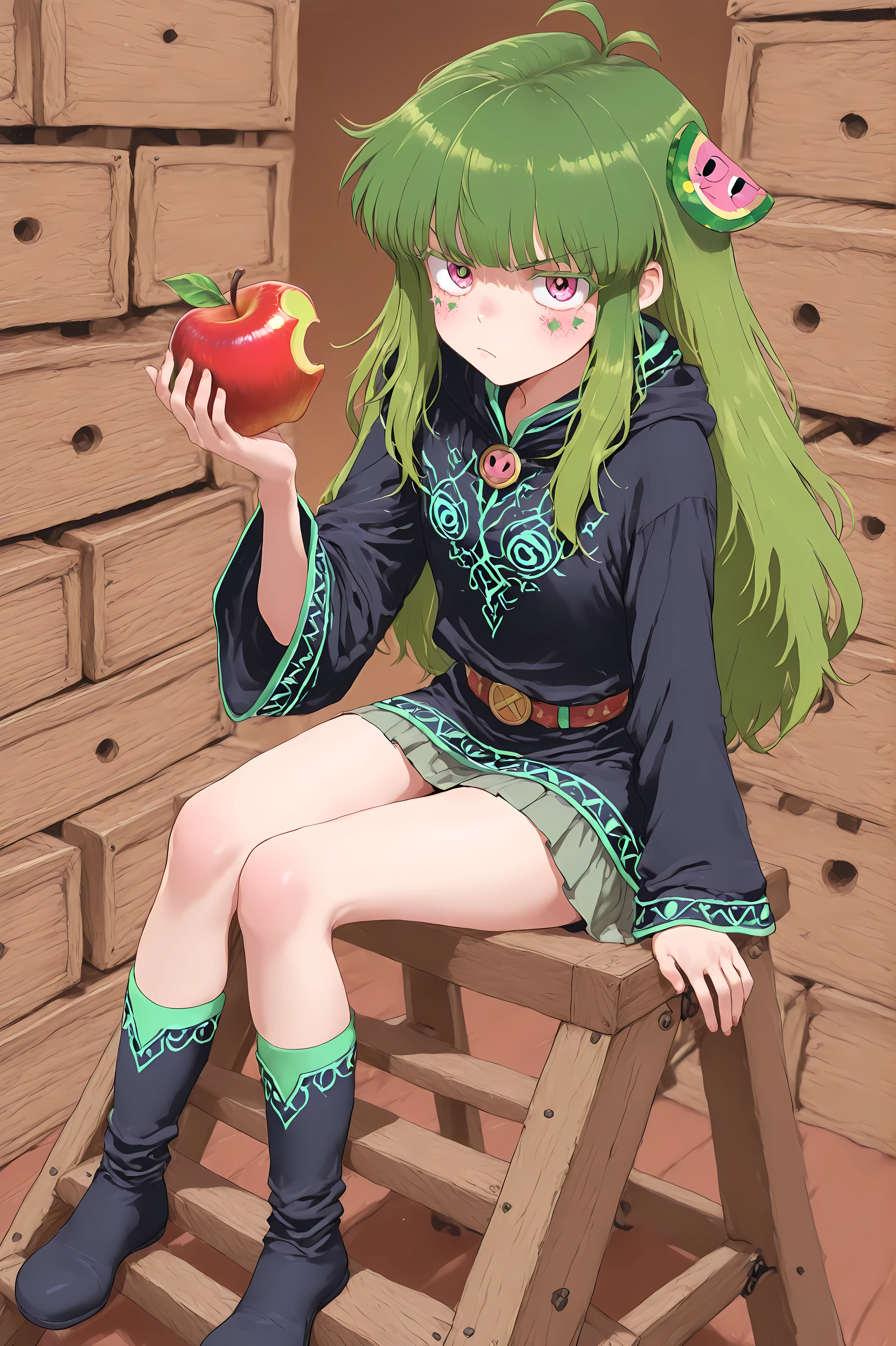 many wooden boxes containing apples are placed, Vannamelon, green hair, sitting on a stepladder、Pick up an apple with a serious expression and compare them、wizard clothes、miniskirt, beautiful fingers