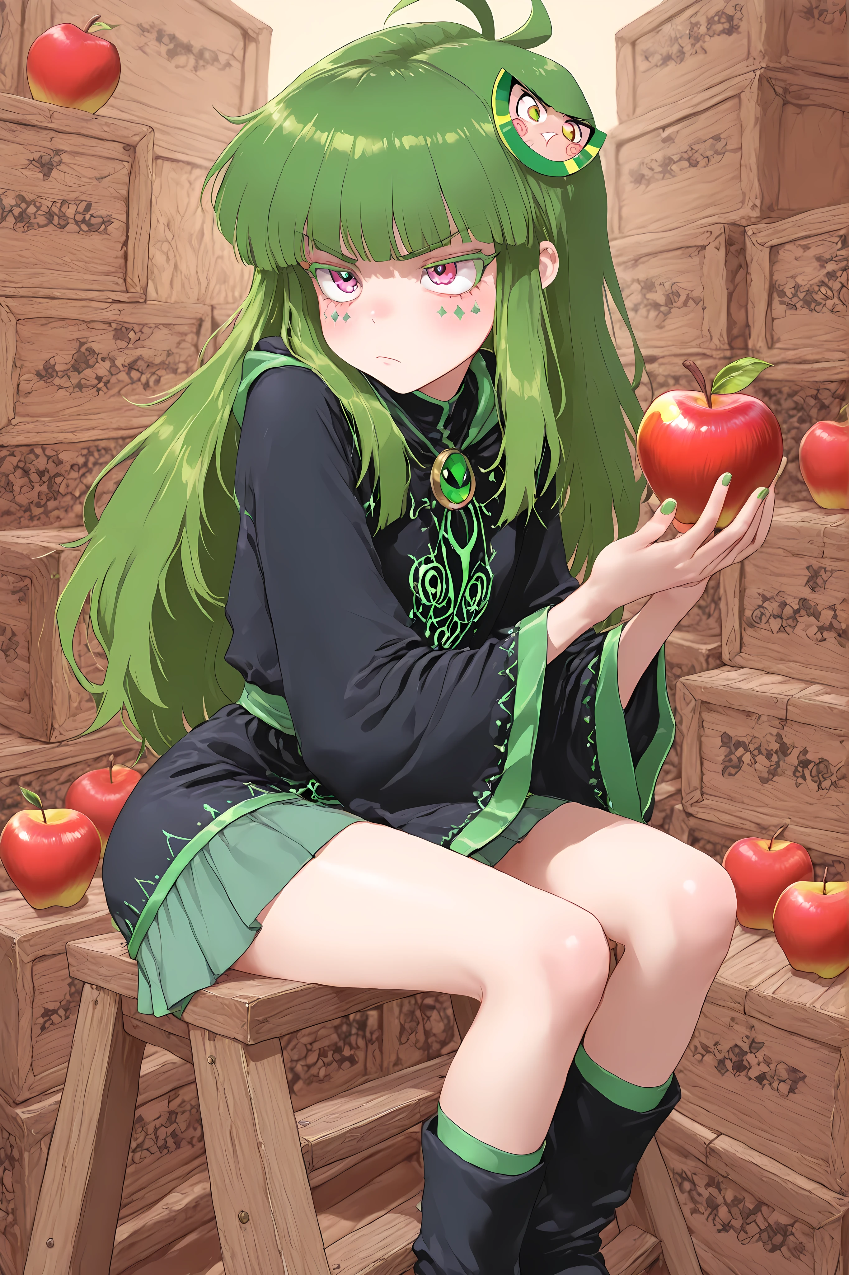 many wooden boxes containing apples are placed, Vannamelon, green hair, sitting on a stepladder、Pick up an apple with a serious expression and compare them、wizard clothes、miniskirt, beautiful fingers