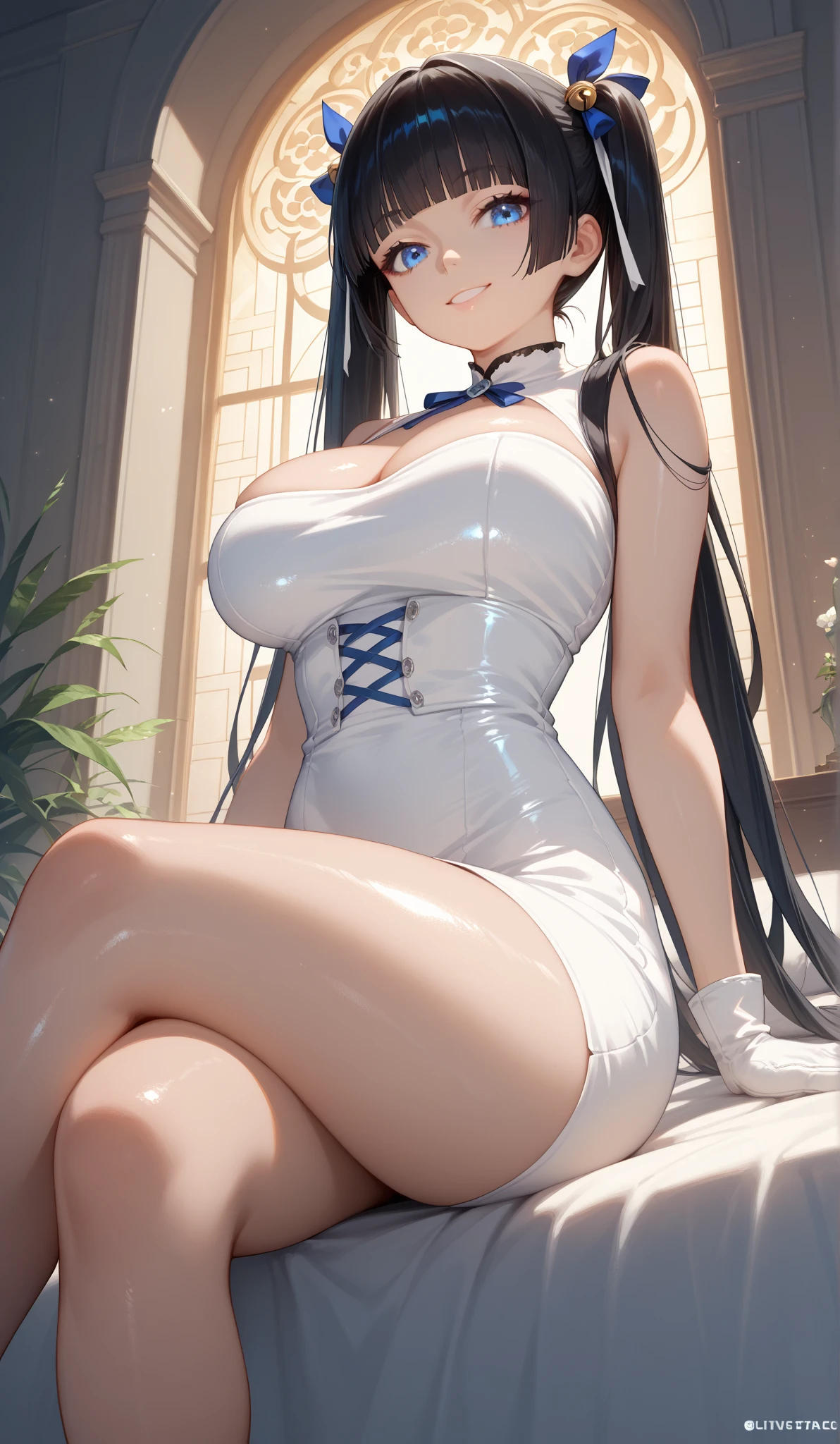 (artwork, best quality, extremely detailed CG, beautiful detailed eyes, ultra-detailed, {{{in the motel room}}}, intricate details: 1,2), 8k wallpaper, elaborate assets, (1 girl , Alone: 1.4), standing, (anime style textures), Very high resolution, (vibrant colors, dynamic lighting: 1.0), (high contrast: 0.8), cookie (Danmachi), breasts, Long hair, blue ribbon , (twintails), gloves, ribbon, dress, king no, lust, big breasts, blue eyes, black hair, (slim), white gloves, cleavage, white dress, hair ribbon, bow, sleeves, sleeves dress, bangs, cleavage cropped, hair ornament, bow tie, cut-out clothes, very Long hair, level dressing, arm ribbon, (whole body: 1.1), smile, cute, muscular legs, muscular belly, pants, standing, barefoot