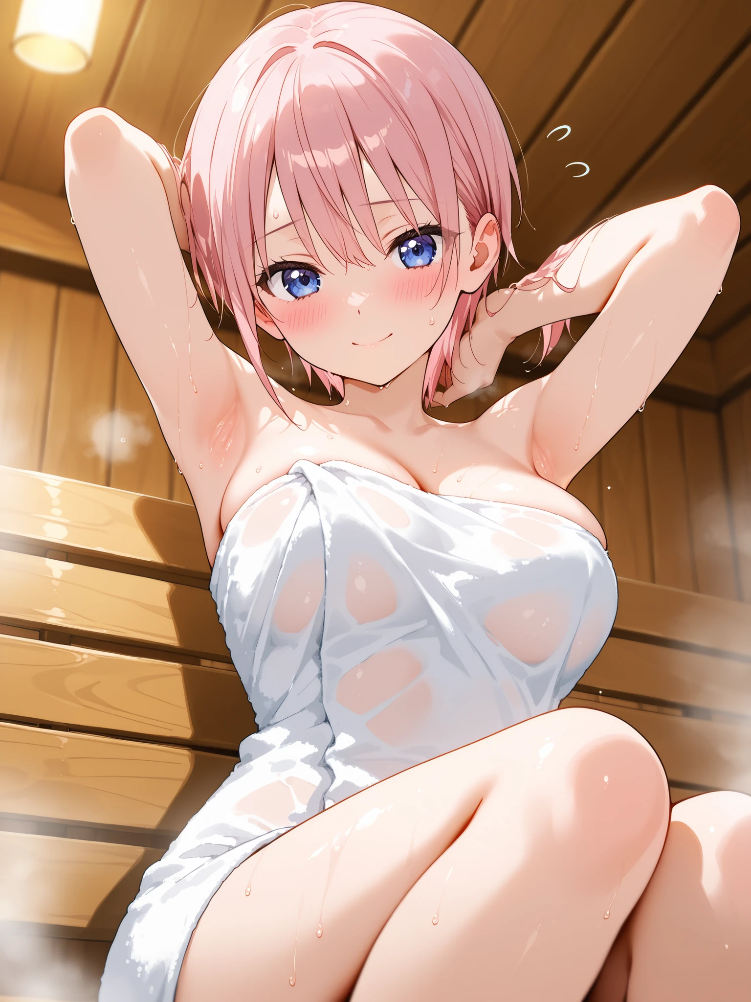 (masterpiece:2.0), (highest quality:2.0), (swimming naked on the beach:1.5), (extremely small see-through thong microbikini:1.5), (super sexy pose:1.5), (look up from below:1.5), (perfectly exposed shoulders:1.5), (perfectly exposed nape:1.5), (blushing face:1.5), (cover your chest with your hands:1.5), (spilling boobs:1.5), (realistic:1.5), 1 very cute girl, precise small hands, You look embarrassed when you look at me, light smile, innocent face, young face, clear eyes, shining eyes, small breasts, side boob is visible, shoulder is visible, cleavage of the breast is visible, no pubic hair, dynamic posing, beautiful skins, ultra-definition, Top resolution, Japanese high school student, pink hair