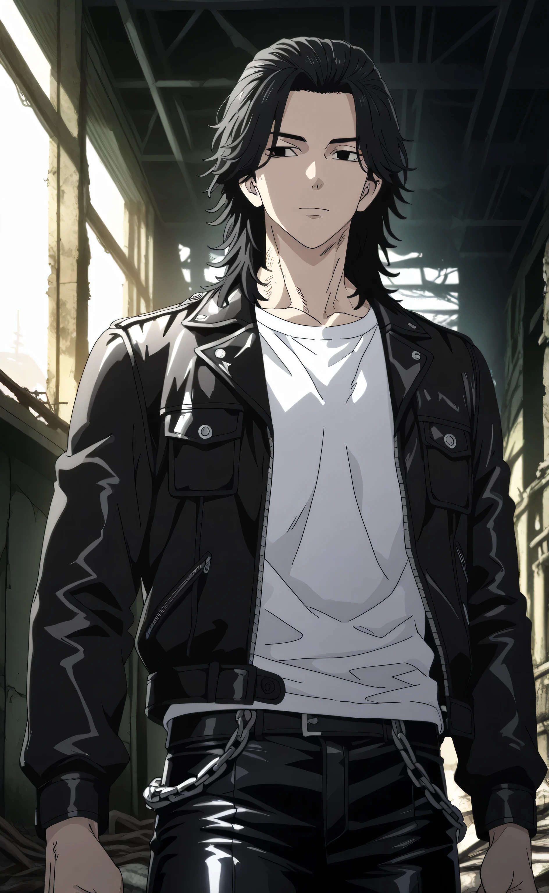 1male,solo,black hair,medium hair,mullet hair,black eyes,white t-shirt,leather jacket,leather pants,1chain leags,muscle,abandoned warehouse,