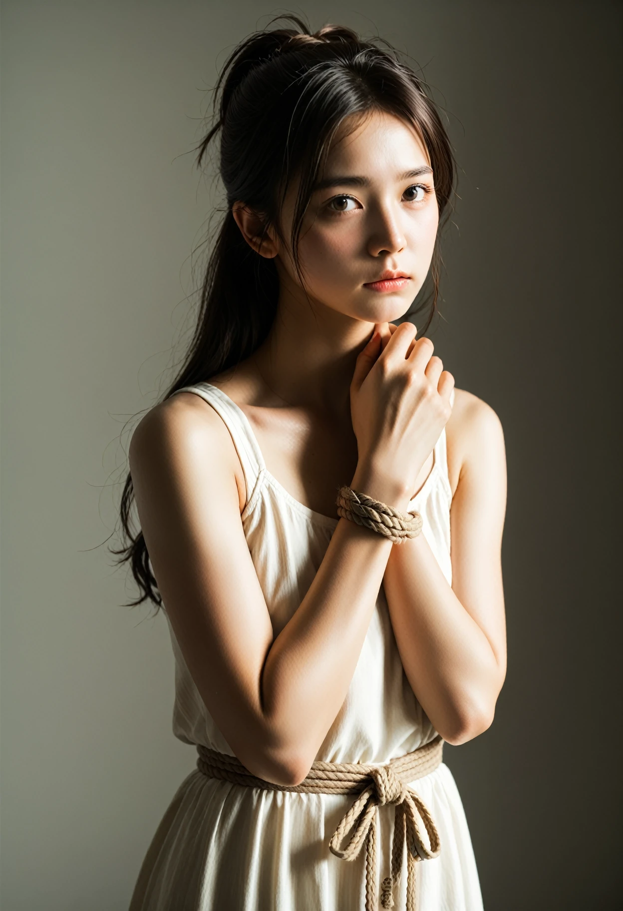 Dark brown hair、Light brown eyes、Japanese actress、 Lady、I40歳くらいです.、(Intricate details:1.2)、(Which is the top???:1.4)、 (Ultra-high resolution:1.2)、Ultra-high resolution、(Finely tuned)、(Detailed facial features)、Hmph、8K resolution、D cup size breasts、Long Hair、Enjoying the sun and shade in Los Angeles、relax、、,Full body photo、Head to toe shot、Beautiful feet、camisole、Denim pants、Blackpink Jenny　I、Take this photo、Beautiful feet、she, Fashion Hub, Attention to detail, Very detailed, Realistic, Hourglass Shaped Body, Obscene pose,Leaning against a wall、Place your head against the wall and lift your chin slightly.........、Poses that make you feel weak、Are crying、Deep sorrow、My eyes and cheeks are wet with tears、
