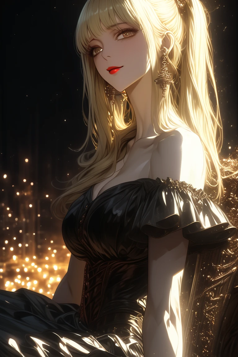(Best quality at best,8K,A high resolution,tmasterpiece:1.2),Digital artwork,A woman in her thirties，With beautiful flowing golden hair, With a gentle expression,hair clip on head,Super huge,Details from head to toe,lip beauty markers, pure black death outfit，cleavage