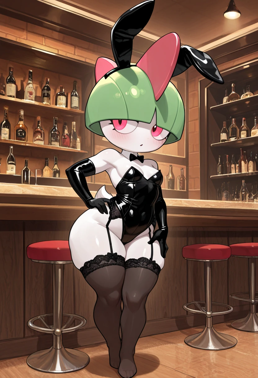 1girl, breasts, animal_ears, Tooth Fairy_(the fairy godparents), playboy_bunny, bunny_ears, collar_detached, green_eyes, short_hair, solo, big breasts, black_hair, leotard, looking at viewer, covered navel, bowtie, cleavage, bare legs, animal_ears fake, smile, bow, high leg, shiny, black leotard, ultra thick thighs, bare shoulders, super thick thighs, high leg leotard, shiny skin, arms behind the back, fringe, strapless leotard, lips, strapless, cowboy shot, bottle, wide hips, shiny clothes, inside from home, open lips, bar_(place), black_arch, clavicle