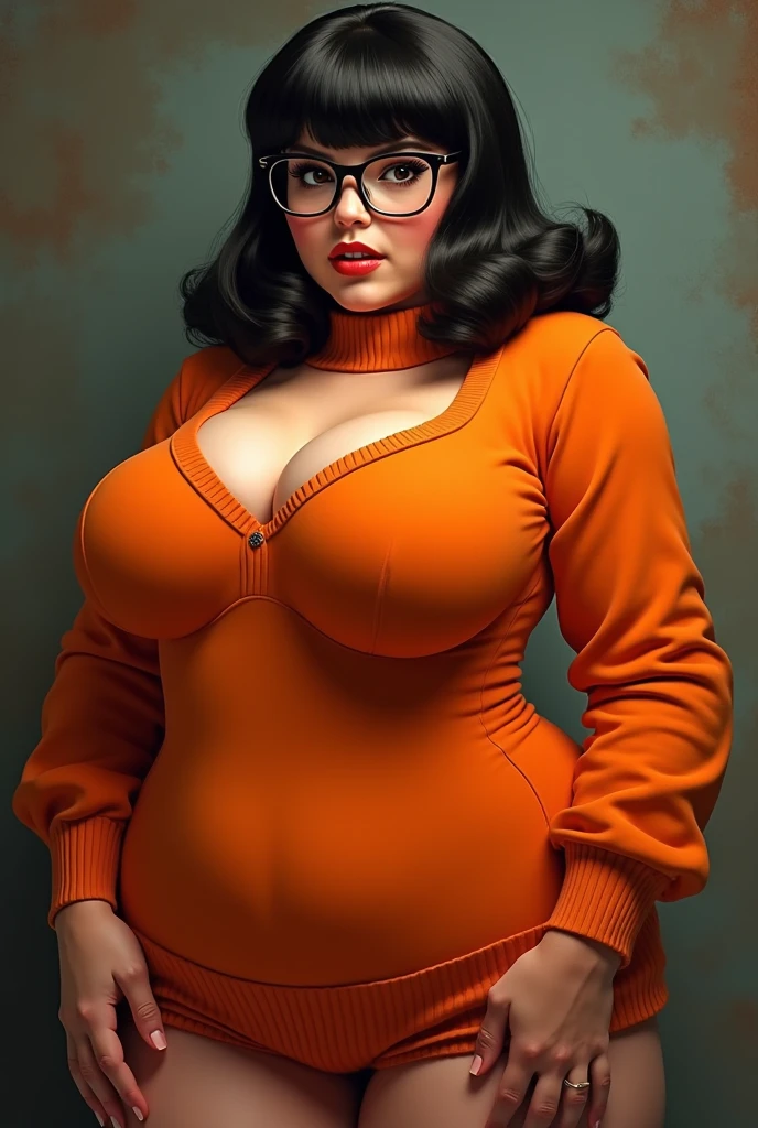 VELMA, FROM SCOOBYDOO, BBW, photo vintage, visage feminin parfait,   , tache de rousseur, 1969, big huge breasts : 38H, front VIEW, (  EXTREME V-NECK, BIG CLEAVAGE,  BEAUTIFUL EYES, BEAUTIFUL HANDS, LIGHT SMILES,  PERFECT FACE,, tres long décolleté, ORANGE BACKGROUND